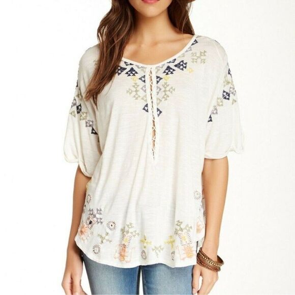 free people L Ivory Navy Peach Green Lace up Oversized Embroidered Peasant Top - Picture 1 of 14